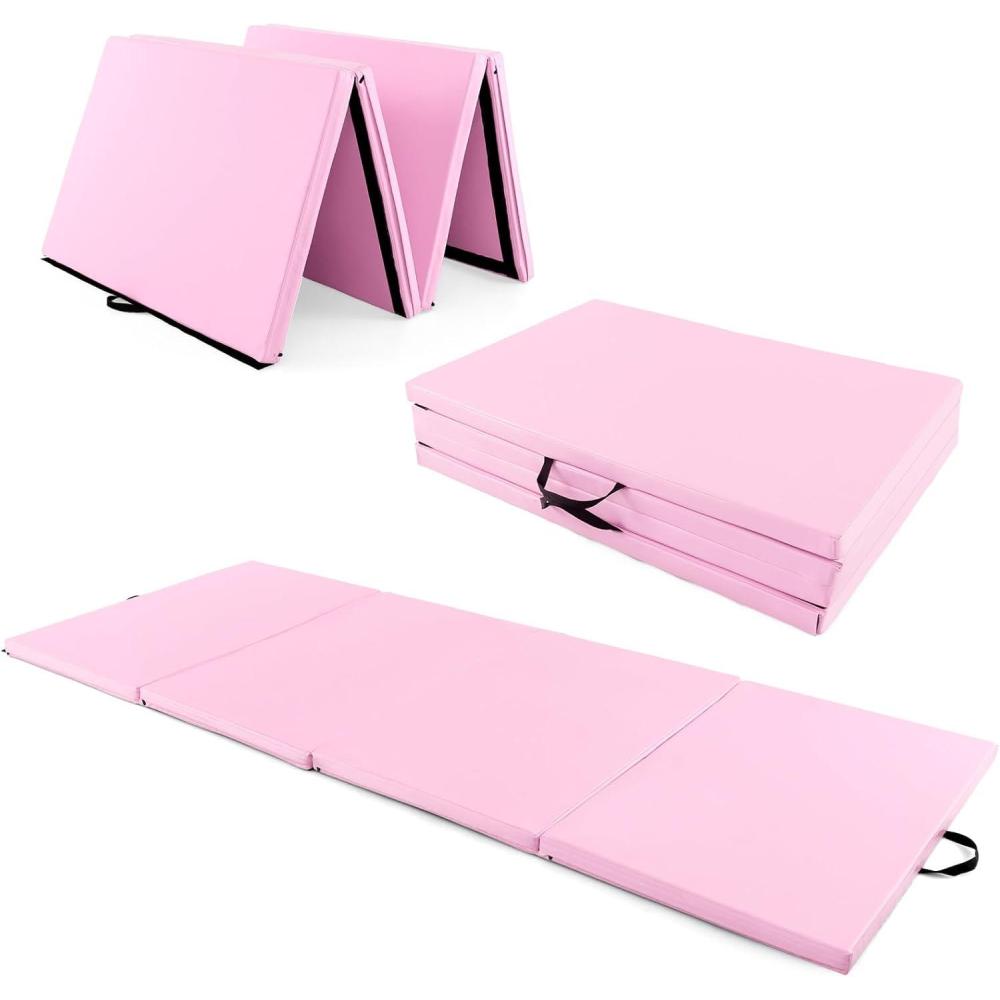 image:imageGiantex 4x10x 2 Gymnastics Mat 4Panel Folding Aerobics Exercise Mat wHook amp Loop Fastener Carrying Handle Portable Tumbling Mat for Stretching Yoga Cheerleading Martial ArtsPink