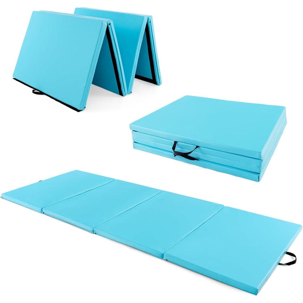 image:imageGiantex 4x10x 2 Gymnastics Mat 4Panel Folding Aerobics Exercise Mat wHook amp Loop Fastener Carrying Handle Portable Tumbling Mat for Stretching Yoga Cheerleading Martial ArtsLight Blue
