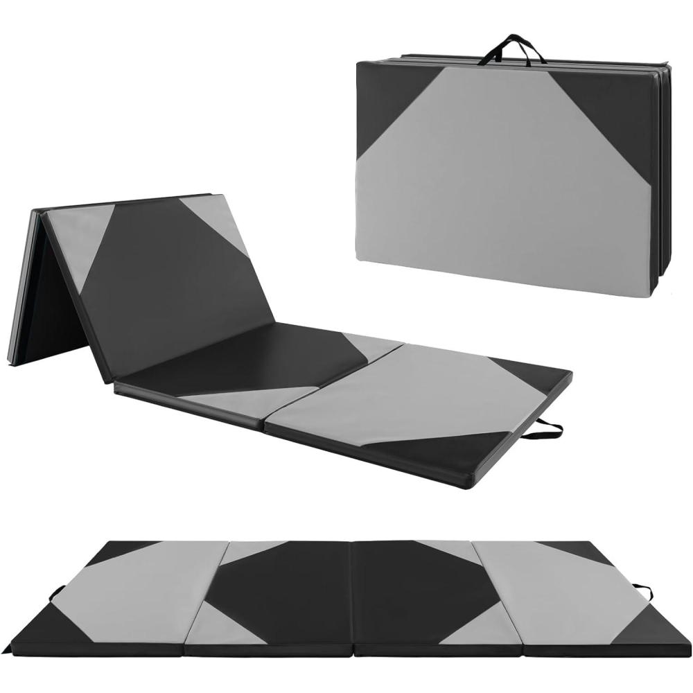 image:imageGiantex 4x10x 2 Gymnastics Mat 4Panel Folding Aerobics Exercise Mat wHook amp Loop Fastener Carrying Handle Portable Tumbling Mat for Stretching Yoga Cheerleading Martial ArtsGreyBlack