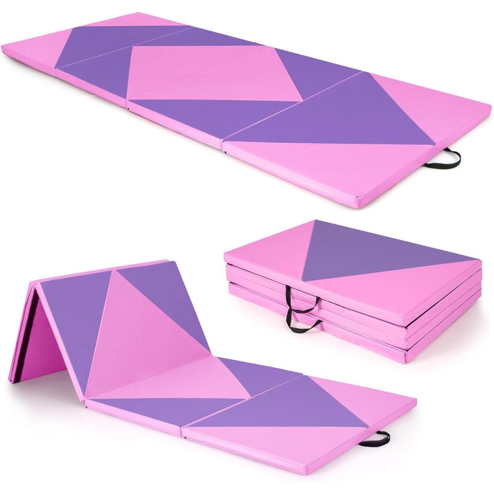 image:imageGiantex 4x10x 2 Gymnastics Mat 4Panel Folding Aerobics Exercise Mat wHook amp Loop Fastener Carrying Handle Portable Tumbling Mat for Stretching Yoga Cheerleading Martial ArtsPinkPurple
