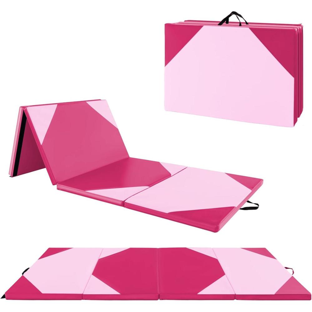 image:imageGiantex 4x10x 2 Gymnastics Mat 4Panel Folding Aerobics Exercise Mat wHook amp Loop Fastener Carrying Handle Portable Tumbling Mat for Stretching Yoga Cheerleading Martial ArtsPinkRose