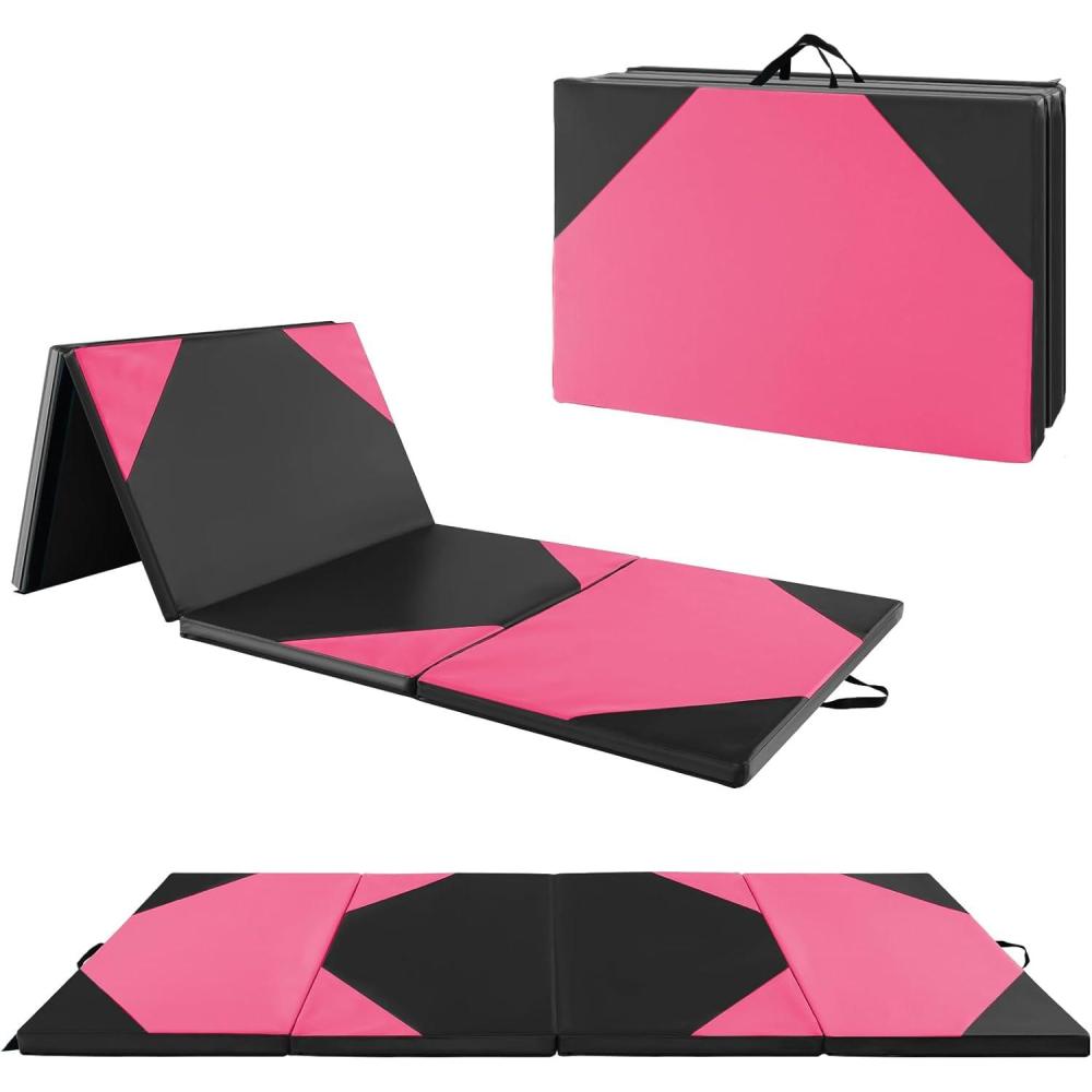 image:imageGiantex 4x10x 2 Gymnastics Mat 4Panel Folding Aerobics Exercise Mat wHook amp Loop Fastener Carrying Handle Portable Tumbling Mat for Stretching Yoga Cheerleading Martial ArtsRoseBlack