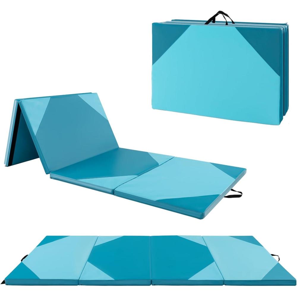 image:imageGiantex 4x10x 2 Gymnastics Mat 4Panel Folding Aerobics Exercise Mat wHook amp Loop Fastener Carrying Handle Portable Tumbling Mat for Stretching Yoga Cheerleading Martial ArtsLight BlueBlue