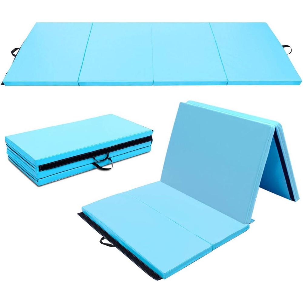 image:imageGiantex 4x8 Gymnastics Mat 2 Thick Folding Tumbling Mat with Carrying Handles Foldable Gym Mat with Hook and Loop Fastener Cheer Mats for Kids Adults Home Exercise Aerobics FitnessLight Blue