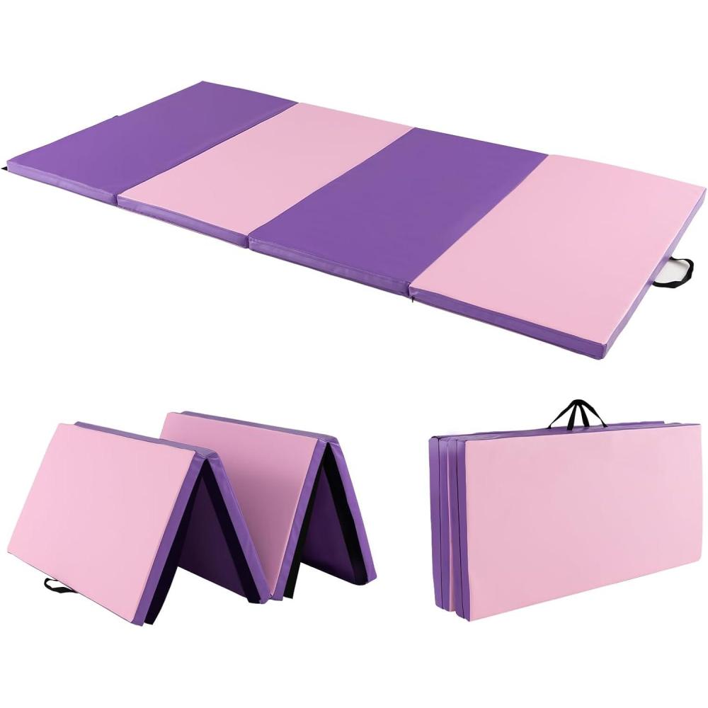 image:imageGiantex 4x8 Gymnastics Mat 2 Thick Folding Tumbling Mat with Carrying Handles Foldable Gym Mat with Hook and Loop Fastener Cheer Mats for Kids Adults Home Exercise Aerobics FitnessVioletPink