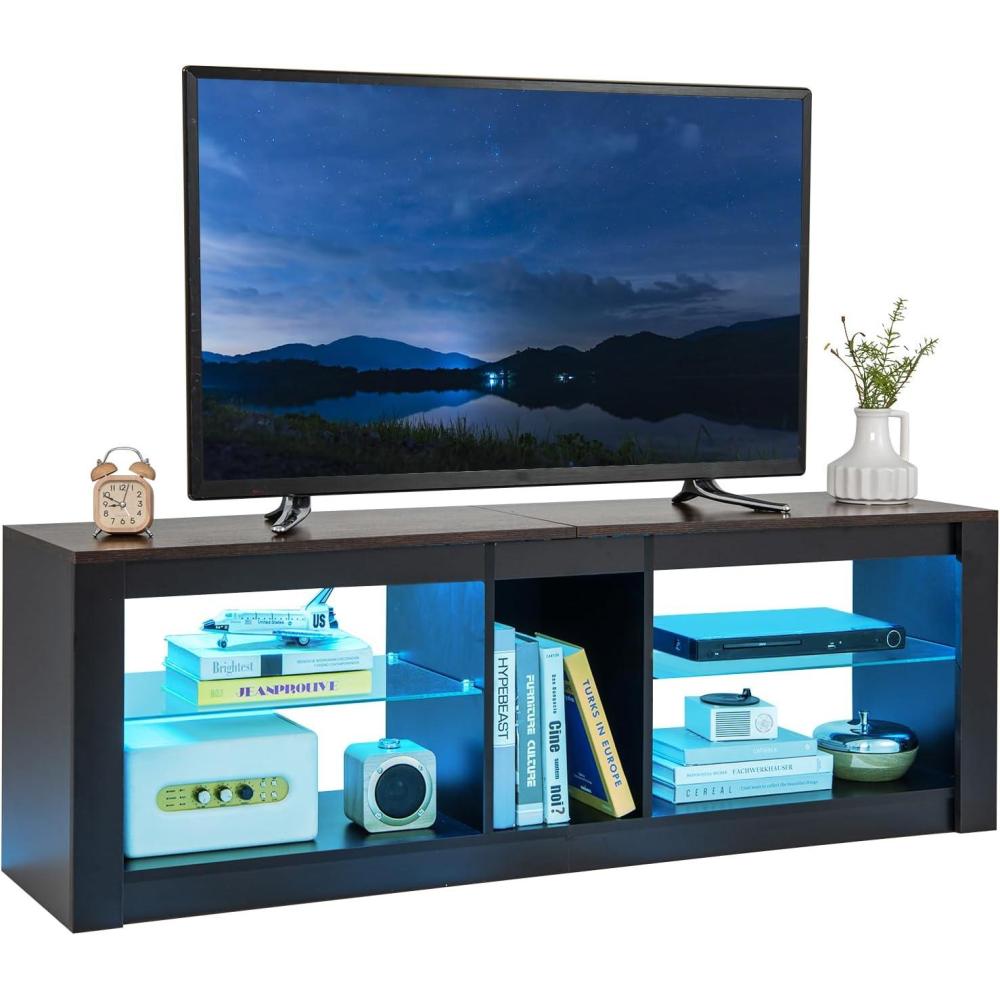 image:imageGiantex 55 LED Light TV Stand Media Console for TVs up to 65 inches Entertainment Center with 22 Dynamic Light Mode Adjustable Tempered Glass Shelves Storage Cubes Remote Control TV Console