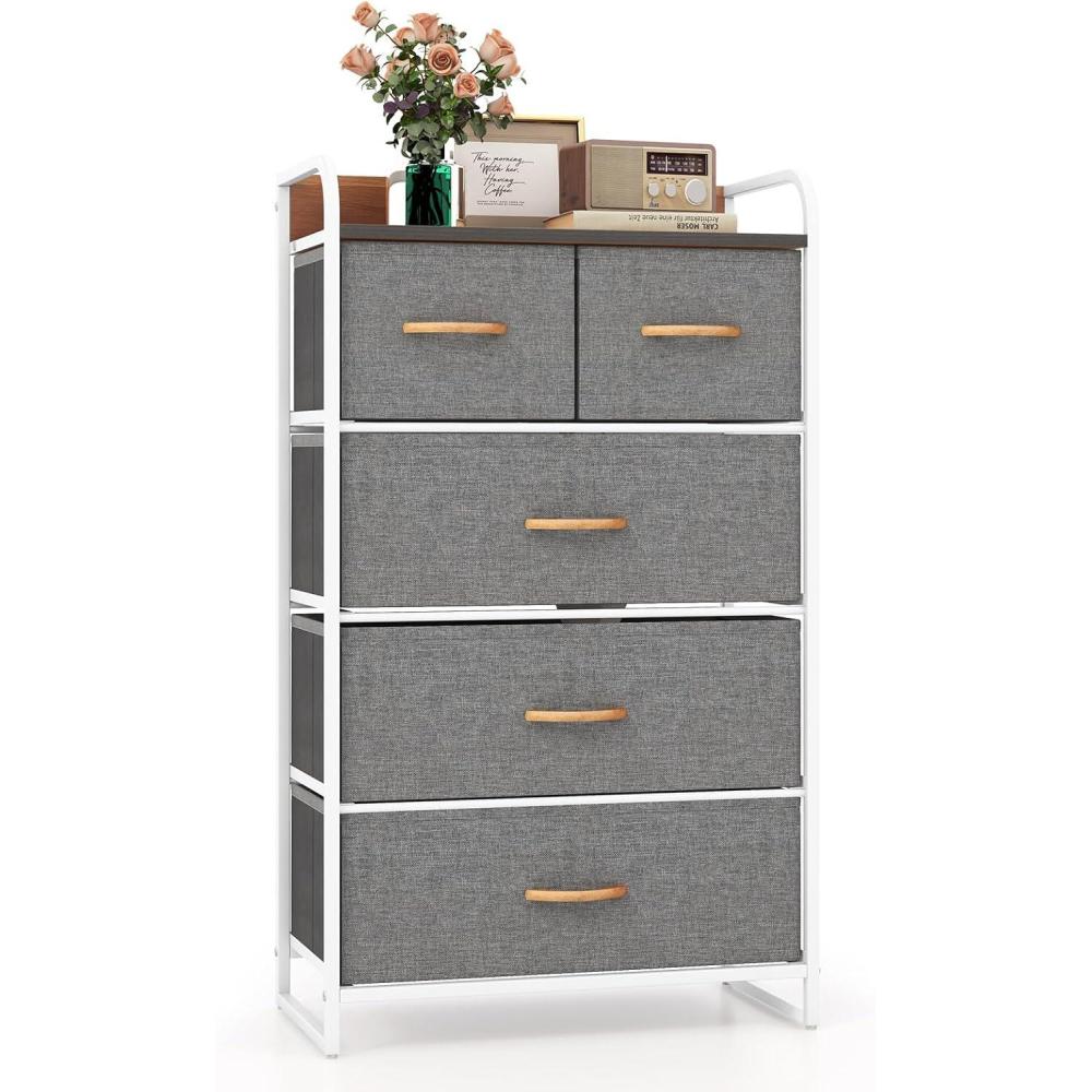 image:imageGiantex 5Drawer Fabric Dresser for Bedroom 39 Tall Storage Tower wFoldable Drawers amp Open Shelves Metal Frame Storage Drawers Unit Chest of Drawers for Entryway Closet Storage Cabinet GrayGrey