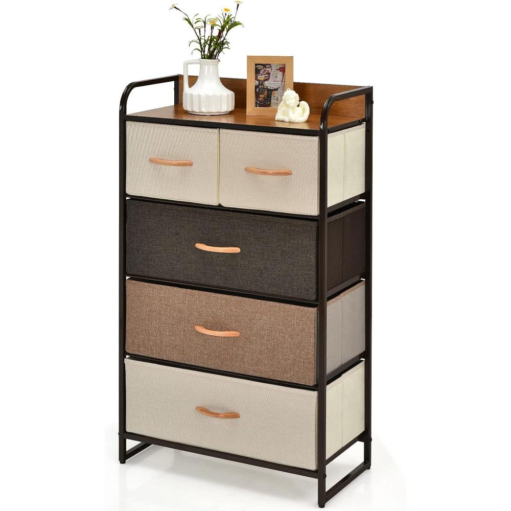 image:imageGiantex 5Drawer Fabric Dresser for Bedroom 39 Tall Storage Tower wFoldable Drawers amp Open Shelves Metal Frame Storage Drawers Unit Chest of Drawers for Entryway Closet Storage Cabinet GrayCream