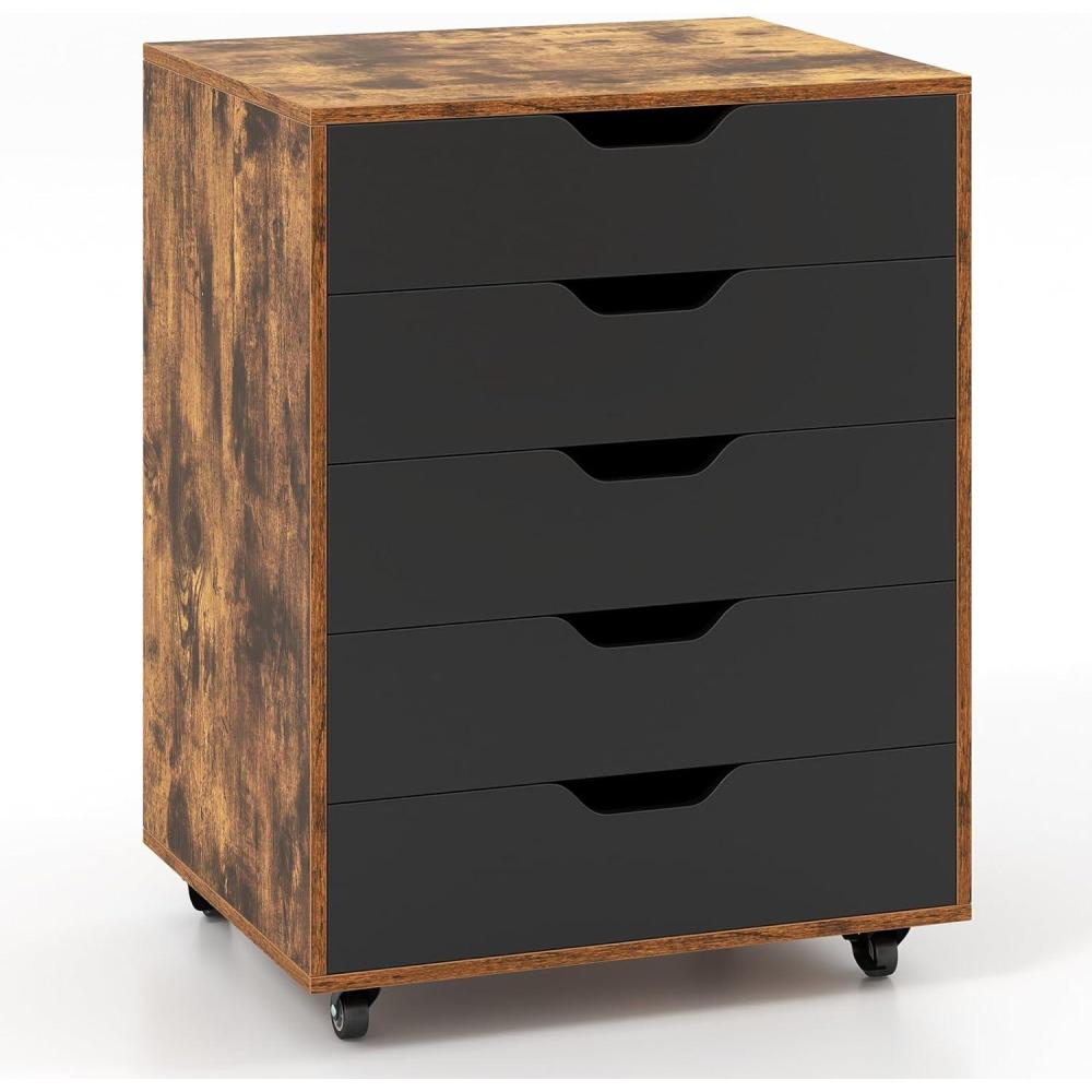 image:imageGiantex 5Drawer Storage Cabinet Mobile Lateral File Cabinet with Drawers Wheels Rolling Chest of Drawers 195 x 16 x 255 for Office Under Desk Living Room StudyRustic Brownblack