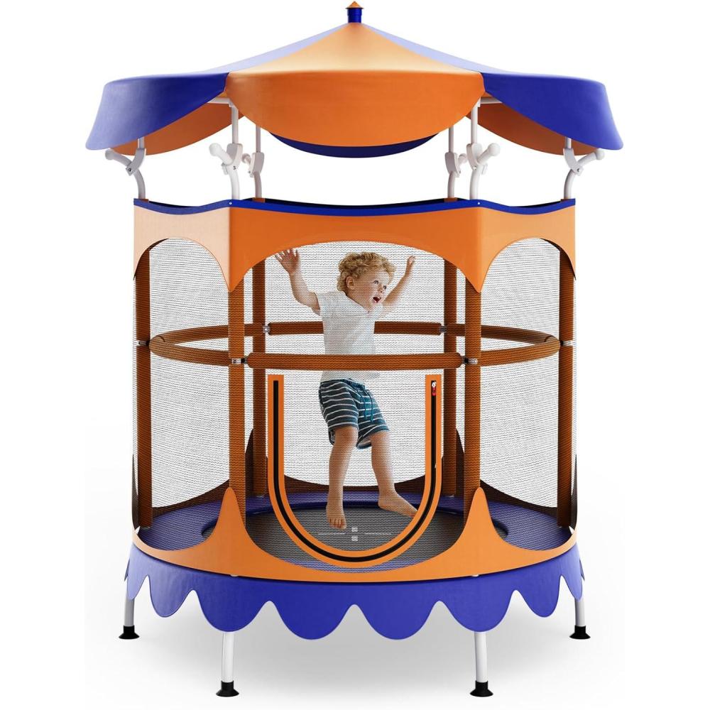 image:imageGiantex 5Ft Trampoline for Kids 60 Carousel Toddler Trampoline with Detachable Shade Cover Seamless Design Outdoor Indoor Mini Small Cute Trampoline for Boys Girls Aged 36 GiftOrangeBlue