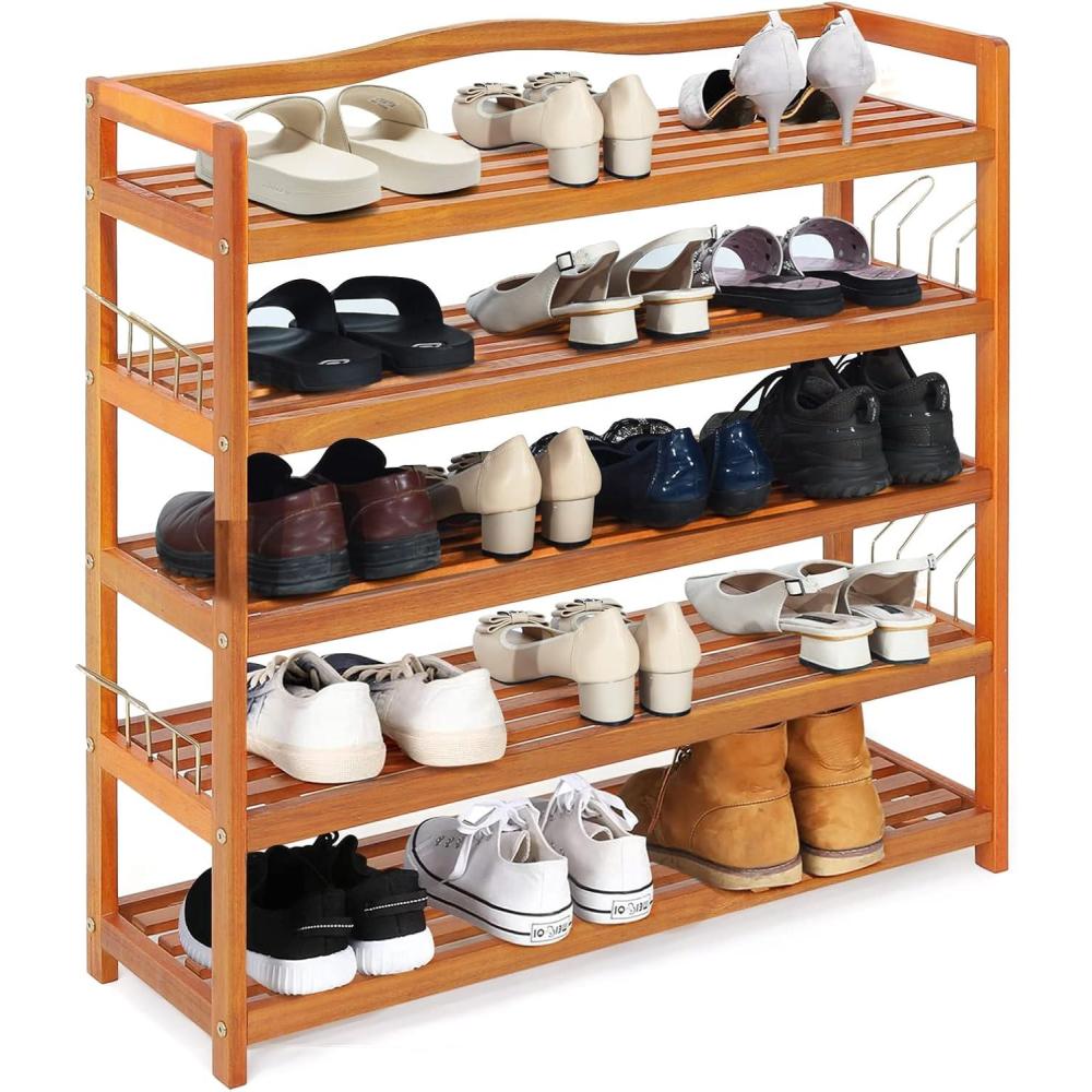 image:imageGiantex 5Tier Shoe Rack Acacia Wood Shoe Shelf with Side Metal Hooks Holds up 1218 Pairs Shoe Organizer Shoe Storage Wooden Shoe Rack for Entryway 25Lx105Wx325H5 Tier 33Lx105Wx325H