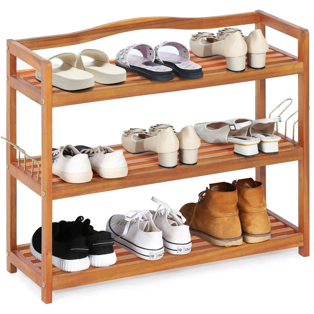 image:imageGiantex 5Tier Shoe Rack Acacia Wood Shoe Shelf with Side Metal Hooks Holds up 1218 Pairs Shoe Organizer Shoe Storage Wooden Shoe Rack for Entryway 25Lx105Wx325H3 Tier 29L x105Wx 245H