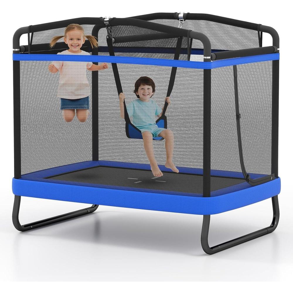 image:imageGiantex 6 FT Trampoline for Kids Toddler Rebounder with Swing amp Safety Enclosure Net ASTM Approved Rectangle Indoor amp Outdoor Mini Kids TrampolineBright Blue with Horizontal Bar