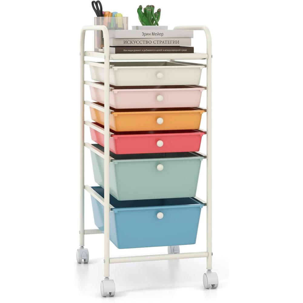 image:imageGiantex 6 Storage Drawer Cart Rolling Organizer Cart for Tools Scrapbook Paper Home Office School Multipurpose Mobile Utility Cart Black GradientMacaron