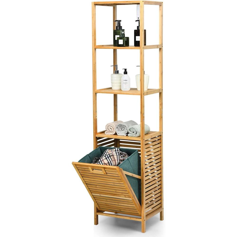 image:imageGiantex 63 Tilt Out Laundry Hamper and 4Tier Storage Shelves Removable Clothes Basket with Easy Carry Bamboo Tower Hamper Organizer Great for Bathroom Bedroom Laundry Room Closet Nursery