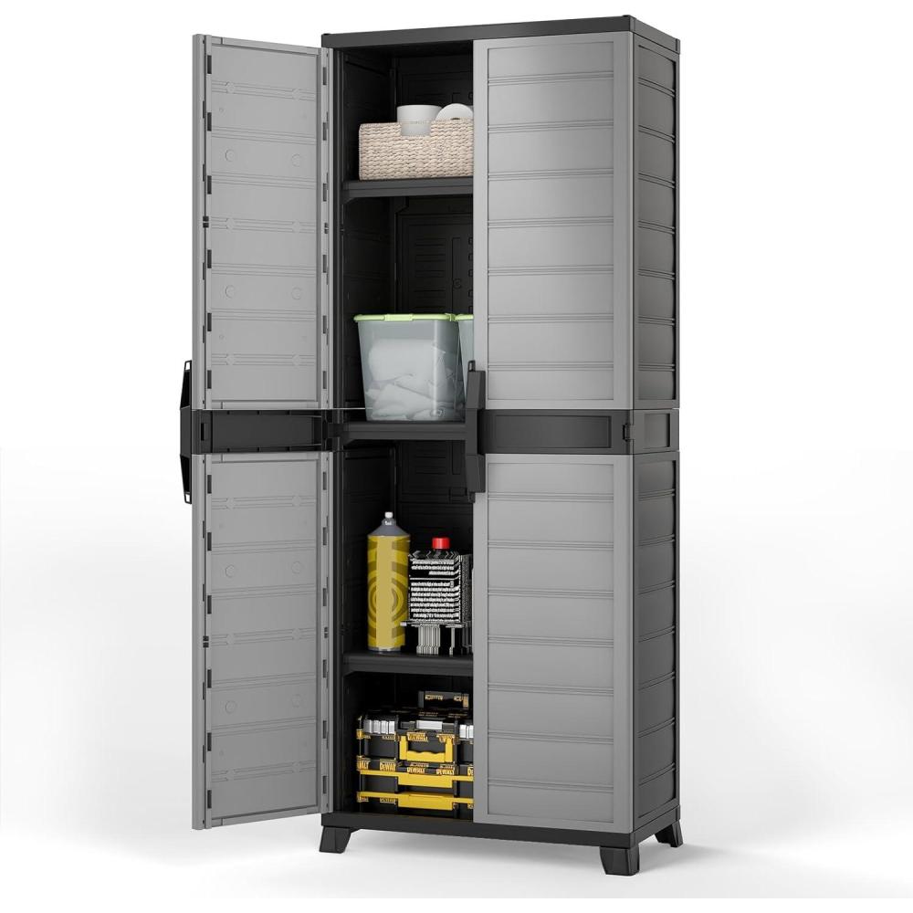 image:imageGiantex 68 Lockable Storage Cabinet PP Garage Storage Shed with Doors 3 Adjustable Shelves Freestanding Tool Locker Shelving Unit for Pantry Basement Laundry Room or Mudroom