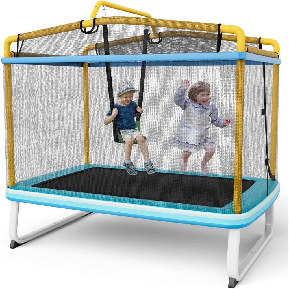 image:imageGiantex 6Ft Rectangle Trampoline with Swing ASTM Approved Mini Kids Trampoline with Net Horizontal Bar LShaped 2 Way Zippers Indoor Outdoor Small Recreational Trampoline for Toddler Age 3Blue Yellow