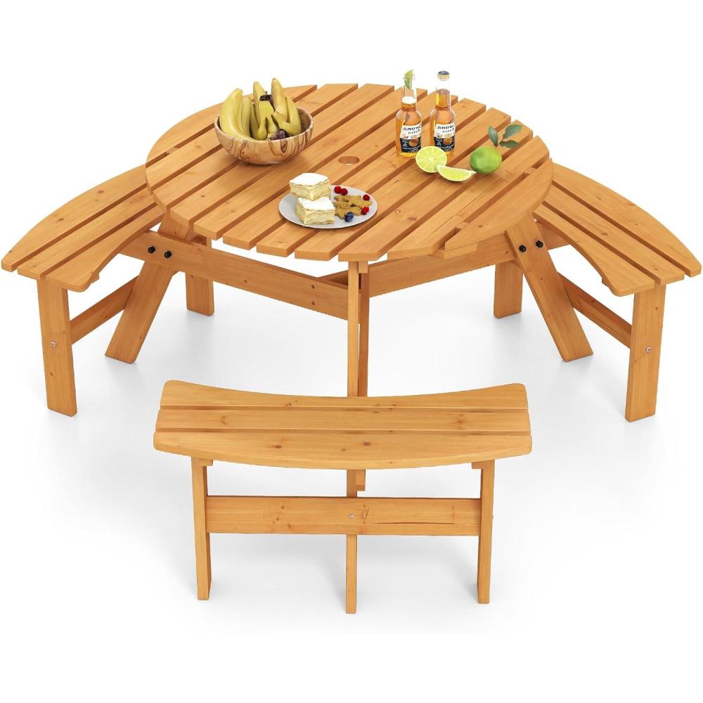 image:imageGiantex 6Person Round Picnic Table Set with 3 Benches 550 LBS Bench Capacity 2 Umbrella Hole Circular Outdoor Wood Dining Table amp Chairs for Patio Yard Garden Porch Deck 68x62x28BrownYellow