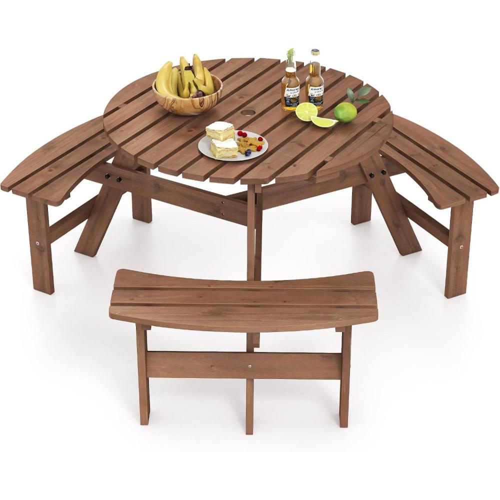 image:imageGiantex 6Person Round Picnic Table Set with 3 Benches 550 LBS Bench Capacity 2 Umbrella Hole Circular Outdoor Wood Dining Table amp Chairs for Patio Yard Garden Porch Deck 68x62x28BrownBrown
