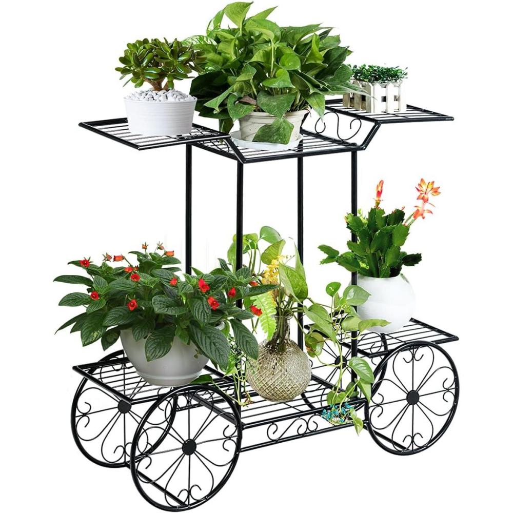 image:imageGiantex 6Tier Plant Stand Flower Pot Holder Metal Flower Display Shelf with 4 Decorative Wheels Multilayer Parisian Style Plant Pot Holder Rack for Indoor Garden Patio 32L x 10Wx 30H Black