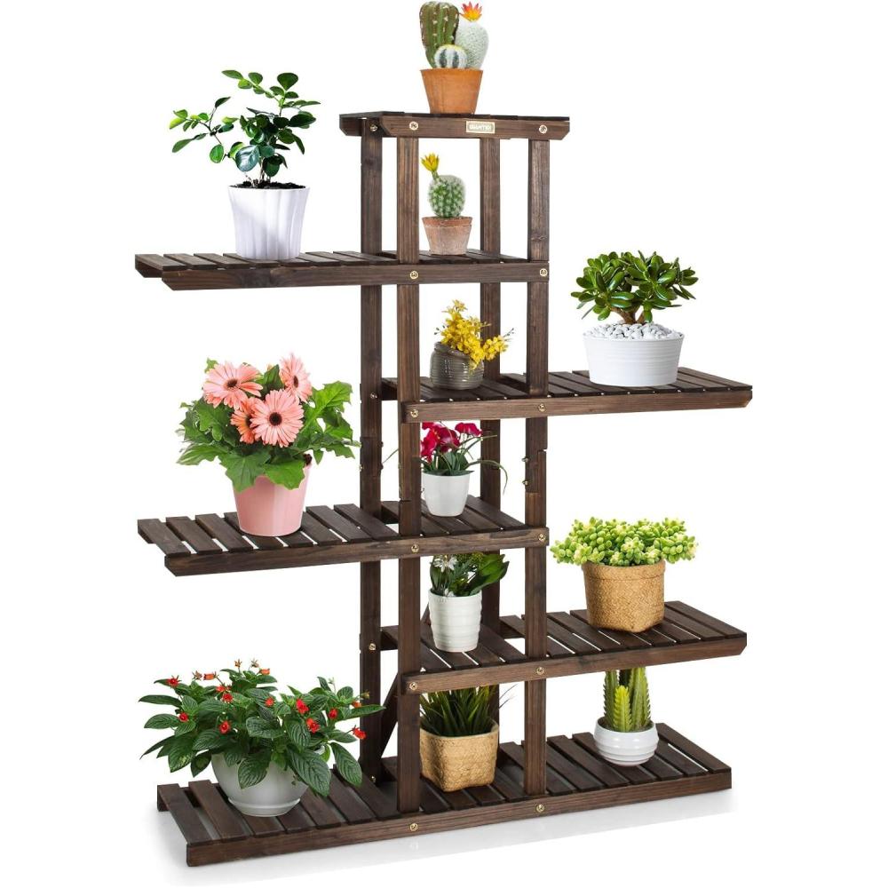 image:imageGiantex 6Tier Wooden Plant Stand for Indoor Outdoor 12 Potted Plant Display Holder Carbonized Fir Wood Reinforced Slat Ornament Display Shelf for Garden Balcony Home Office Plant Shelf