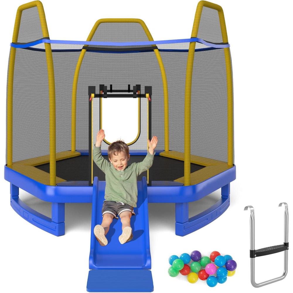 image:imageGiantex 7 FT Kids Trampoline with Ladder Slide Ocean Balls ASTM Approved Recreational Trampoline with Net Spring CoverBlue