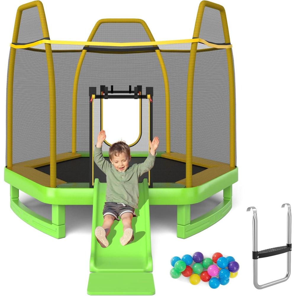 image:imageGiantex 7 FT Kids Trampoline with Ladder Slide Ocean Balls ASTM Approved Recreational Trampoline with Net Spring CoverGreen