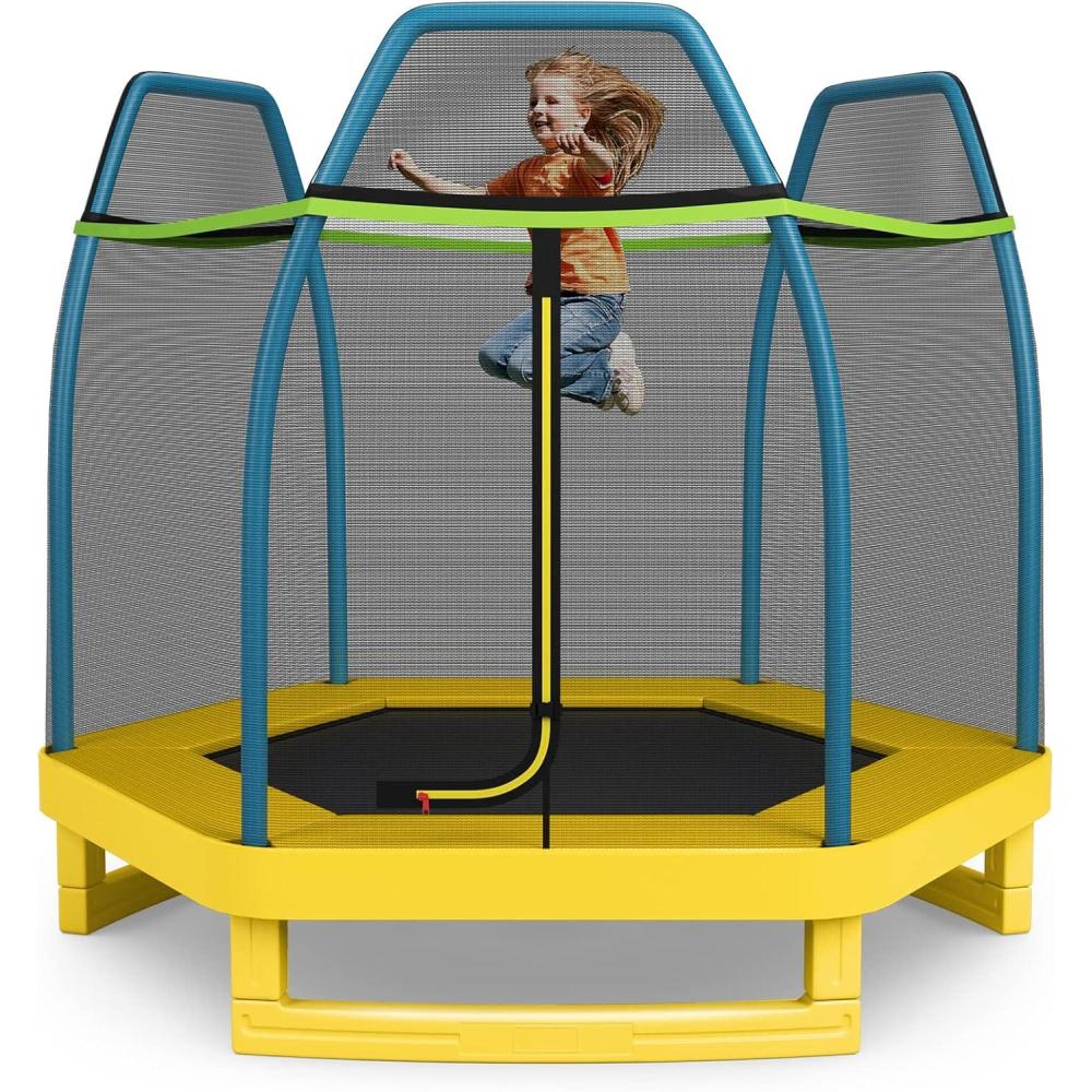 image:imageGiantex 7 Ft Trampoline for Kids Heavy Duty Steel Frame Small Mini Toddler Trampoline Great Gifts for Boys Girls Outdoor Indoor Kids Trampoline with Net for Age 38Blue Yellow
