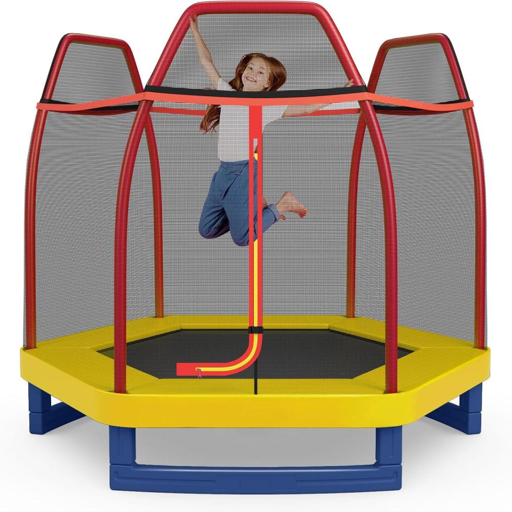 image:imageGiantex 7 Ft Trampoline for Kids Heavy Duty Steel Frame Small Mini Toddler Trampoline Great Gifts for Boys Girls Outdoor Indoor Kids Trampoline with Net for Age 38RedYellowBlue