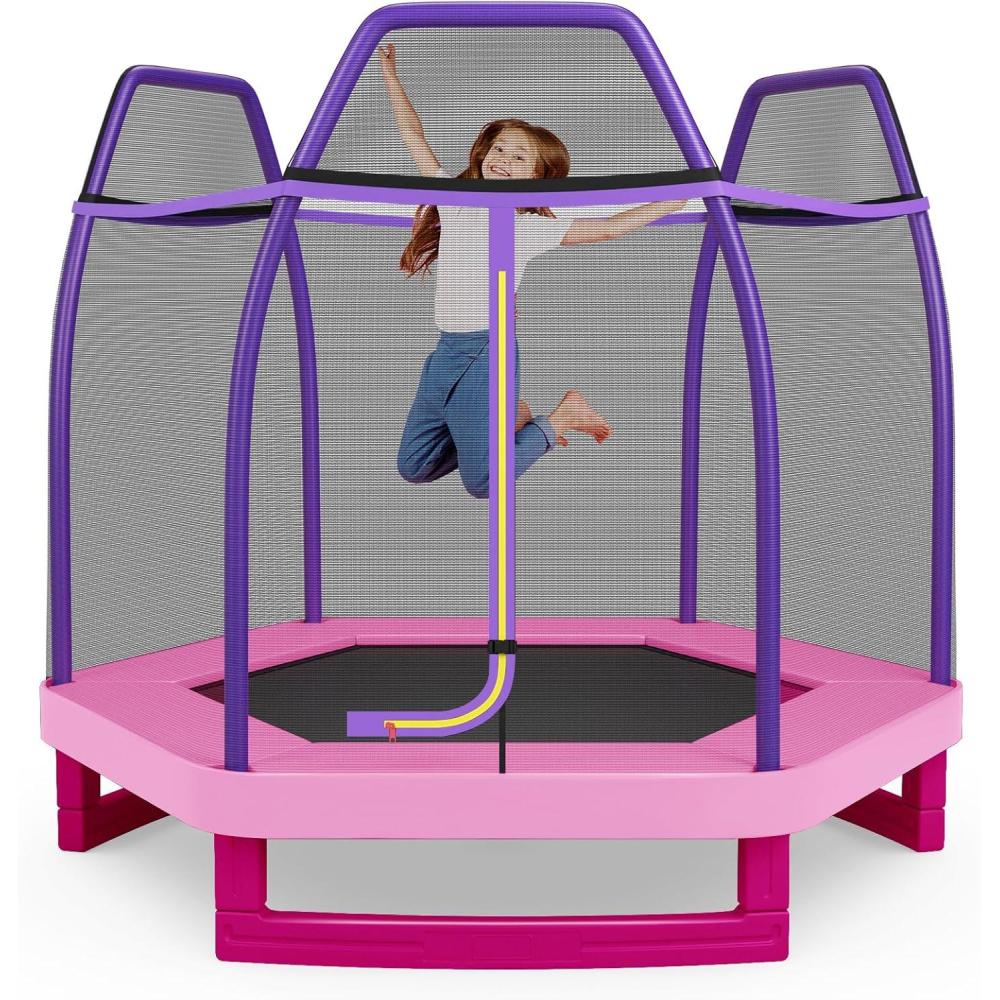 image:imageGiantex 7 Ft Trampoline for Kids Heavy Duty Steel Frame Small Mini Toddler Trampoline Great Gifts for Boys Girls Outdoor Indoor Kids Trampoline with Net for Age 38PurplePink