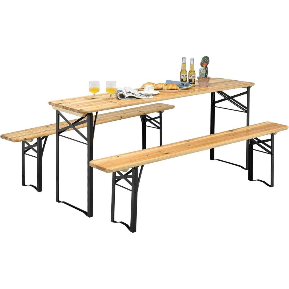 image:imageGiantex 70 3Piece Portable Folding Picnic Beer Table with Seating Set Wooden Top Picnic Table for Patio Outdoor Activities Garden Use 30 Table HeightBlackiron Frame Woodentabletop  Chair Seats
