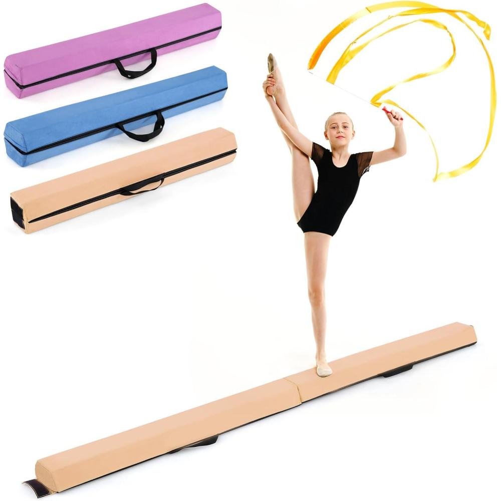 image:imageGiantex 7FT8FT9FT Balance Beam Folding Gymnastics Beam wCarry Handles Floor Foam Gymnastics Equipment for Kids Non Slip Rubber Base for Exercise Practice amp Professional Home TrainingKhaki