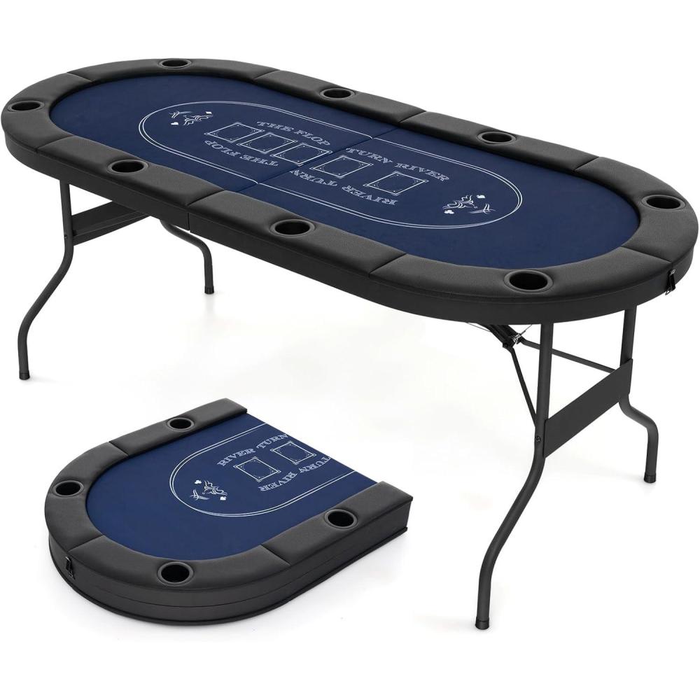 image:imageGiantex 8 Player Poker Table Foldable 72 Portable Folding Texas Holdem Poker Tables wPadded Rails Cup Holders Casino Grade Felt Surface Oval Card Game Poker Table for Game Room BlackBlackblue