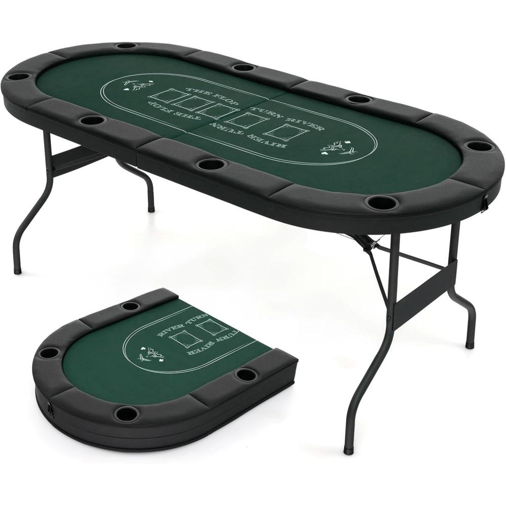 image:imageGiantex 8 Player Poker Table Foldable 72 Portable Folding Texas Holdem Poker Tables wPadded Rails Cup Holders Casino Grade Felt Surface Oval Card Game Poker Table for Game Room BlackBlackgreen