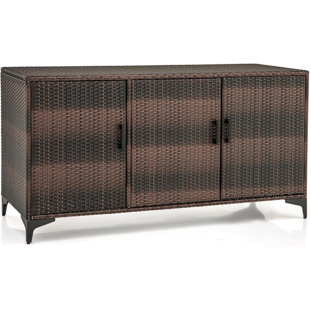 image:imageGiantex 84Gallon Wicker Deck Box  Patio Storage Cabinet 3Door PE Rattan Storage Container with Removable Shelves Indoor amp Outdoor Package Box for Porch Patio Furniture Cushions Tools BrownBrown