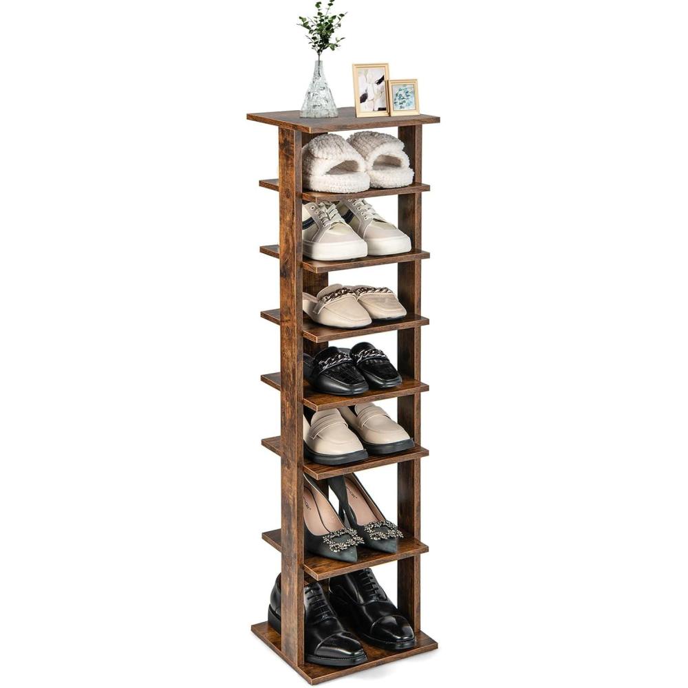 image:imageGiantex 8Tier Vertical Shoe Rack Patented Corner Shoe Storage Organizer for 8 Pairs Freestanding Narrow Shoe Rack Morden SpaceSaving Shoe Tower for Entryway Living Room Bedroom White SingleRustic Brown