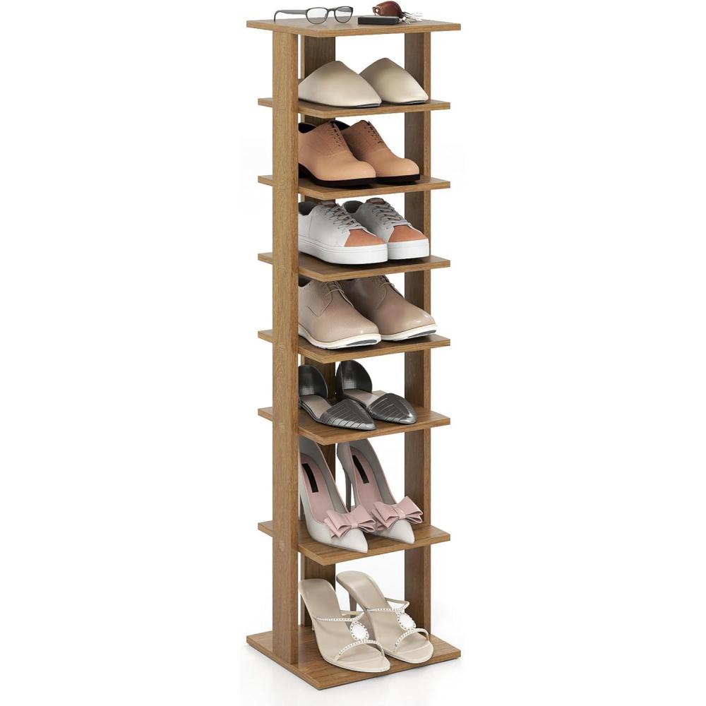 image:imageGiantex 8Tier Vertical Shoe Rack Patented Corner Shoe Storage Organizer for 8 Pairs Freestanding Narrow Shoe Rack Morden SpaceSaving Shoe Tower for Entryway Living Room Bedroom White SingleNatural