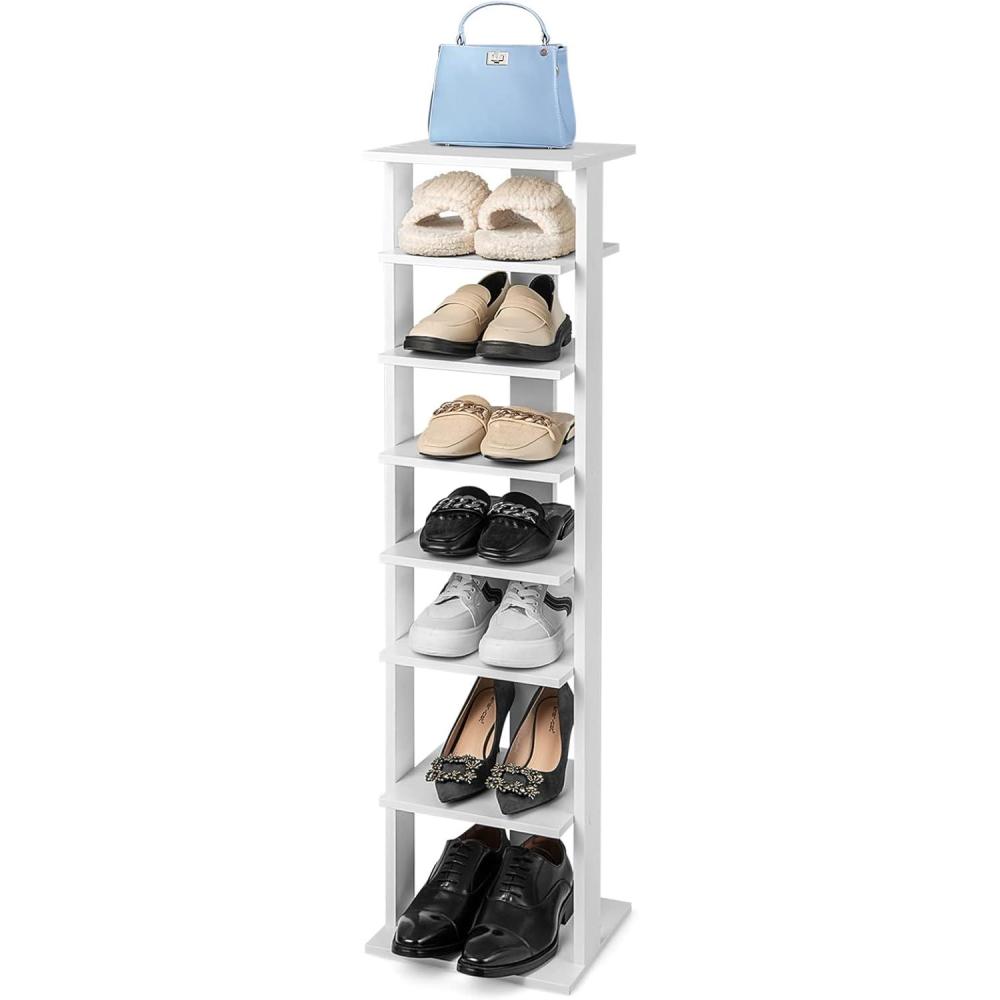 image:imageGiantex 8Tier Vertical Shoe Rack Patented Corner Shoe Storage Organizer for 8 Pairs Freestanding Narrow Shoe Rack Morden SpaceSaving Shoe Tower for Entryway Living Room Bedroom White SingleWhite