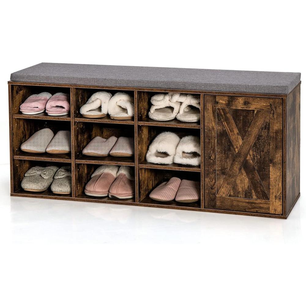 image:imageGiantex 9 Cubes Shoe Bench with Storage Adjustable Shelves Storage Bench Rack with Removable Padded Cushion 3 Tier Shoe Storage Bench with Cabinet for Entryway Hallway Rustic BrownRustic Brown