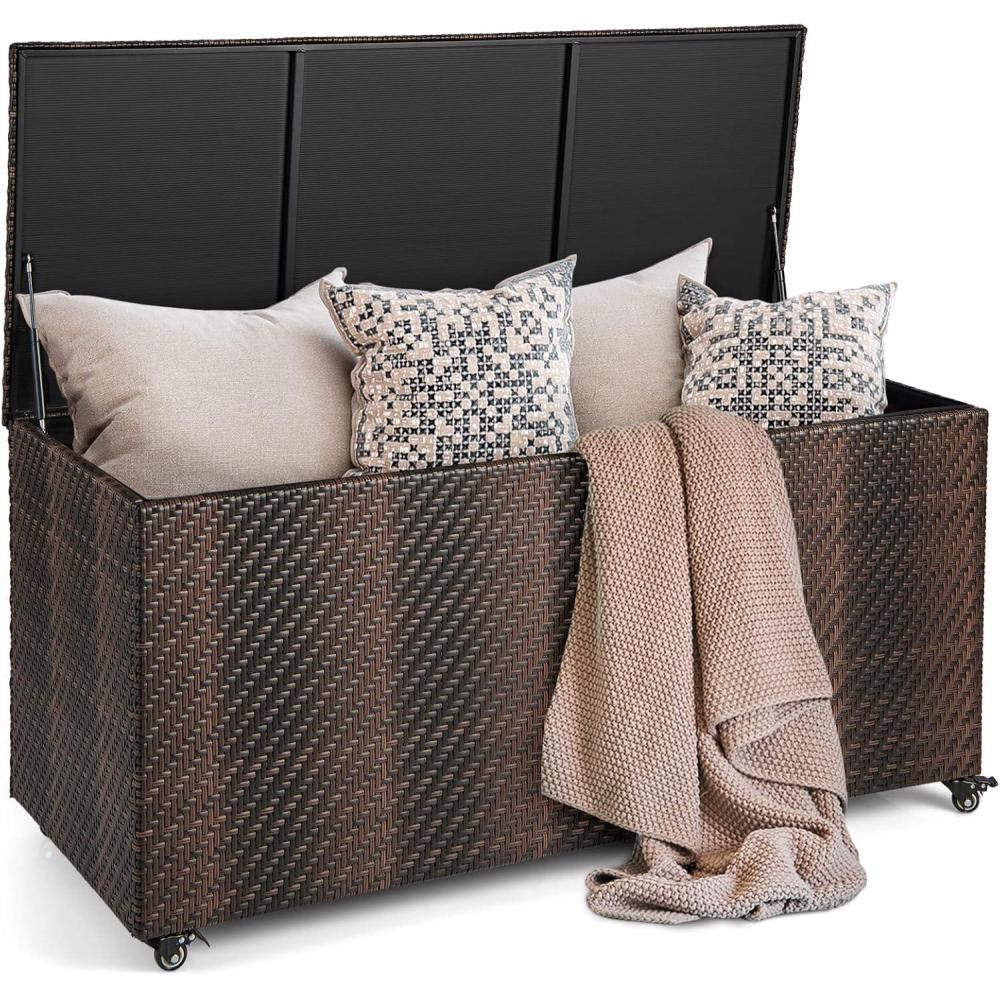 image:imageGiantex 96Gallon Outdoor Storage Box  PE Wicker Deck Box with Lid 4 Wheels Waterproof Liner outside Rattan Storage Container for Patio Cushions Garden Tools Accessories Storage Box Mix BrownMix Brown