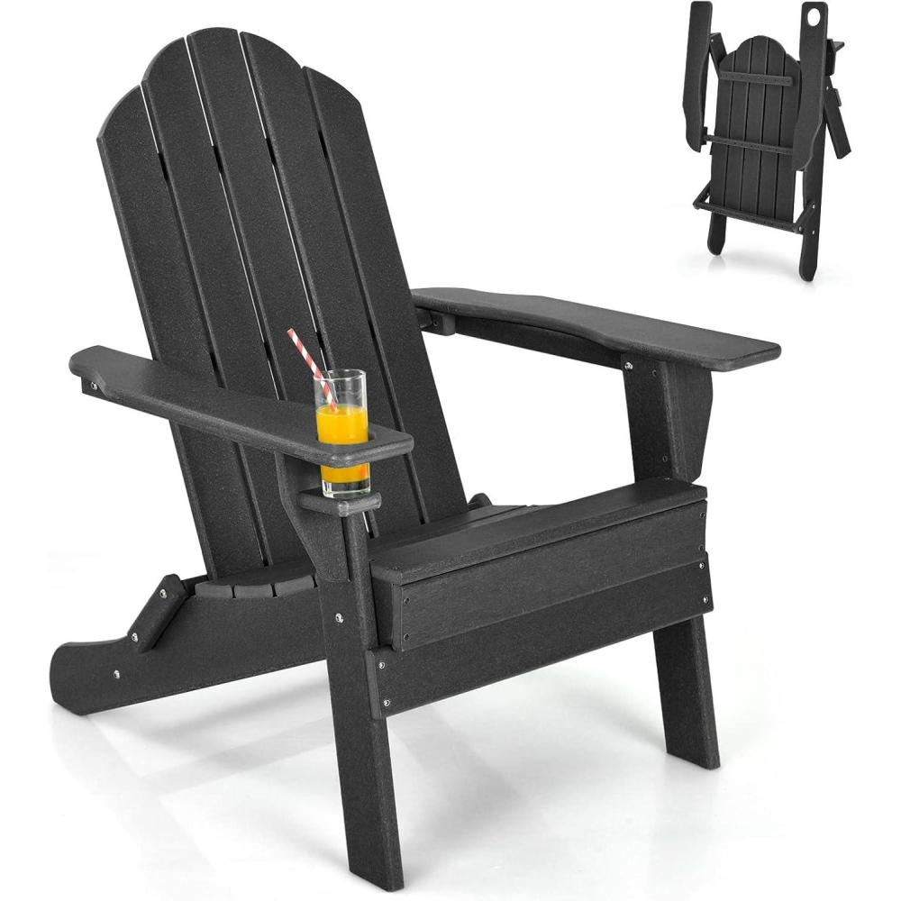 image:imageGiantex Adirondack Chair Outdoor Folding Chairs HDPE Weather Resistant Patio Chair with Builtin Cup Holder Lawn Chair for Patio Backyard Balcony Deck Outside Plastic Fire Pit Chair 4 GreyBlack