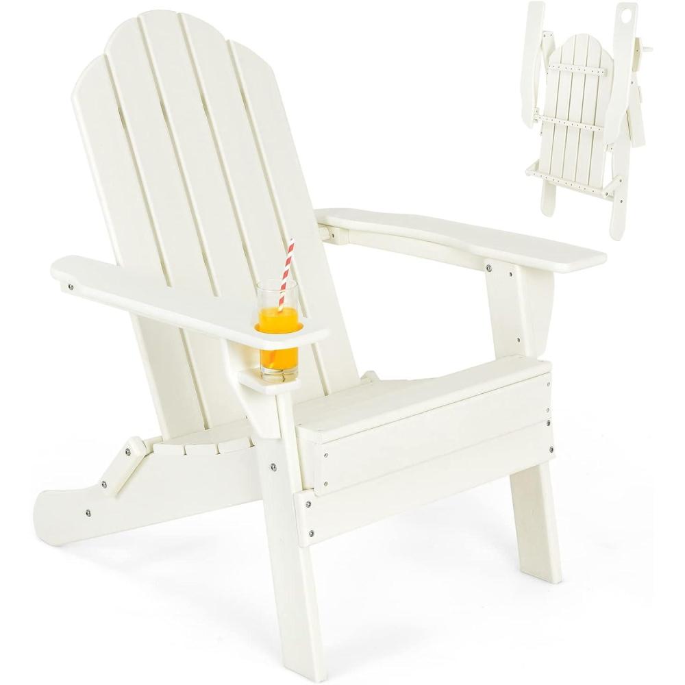 image:imageGiantex Adirondack Chair Outdoor Folding Chairs HDPE Weather Resistant Patio Chair with Builtin Cup Holder Lawn Chair for Patio Backyard Balcony Deck Outside Plastic Fire Pit Chair 4 GreyWhite