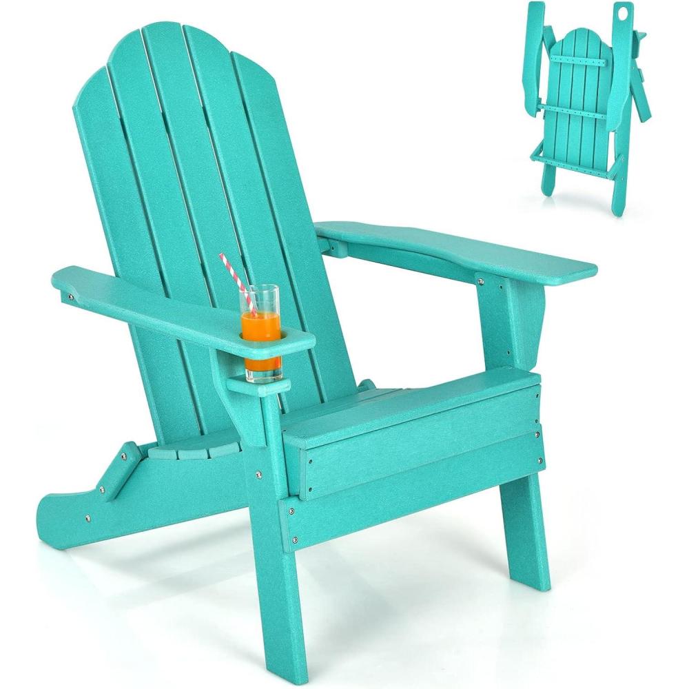 image:imageGiantex Adirondack Chair Outdoor Folding Chairs HDPE Weather Resistant Patio Chair with Builtin Cup Holder Lawn Chair for Patio Backyard Balcony Deck Outside Plastic Fire Pit Chair 4 GreyTurquoise