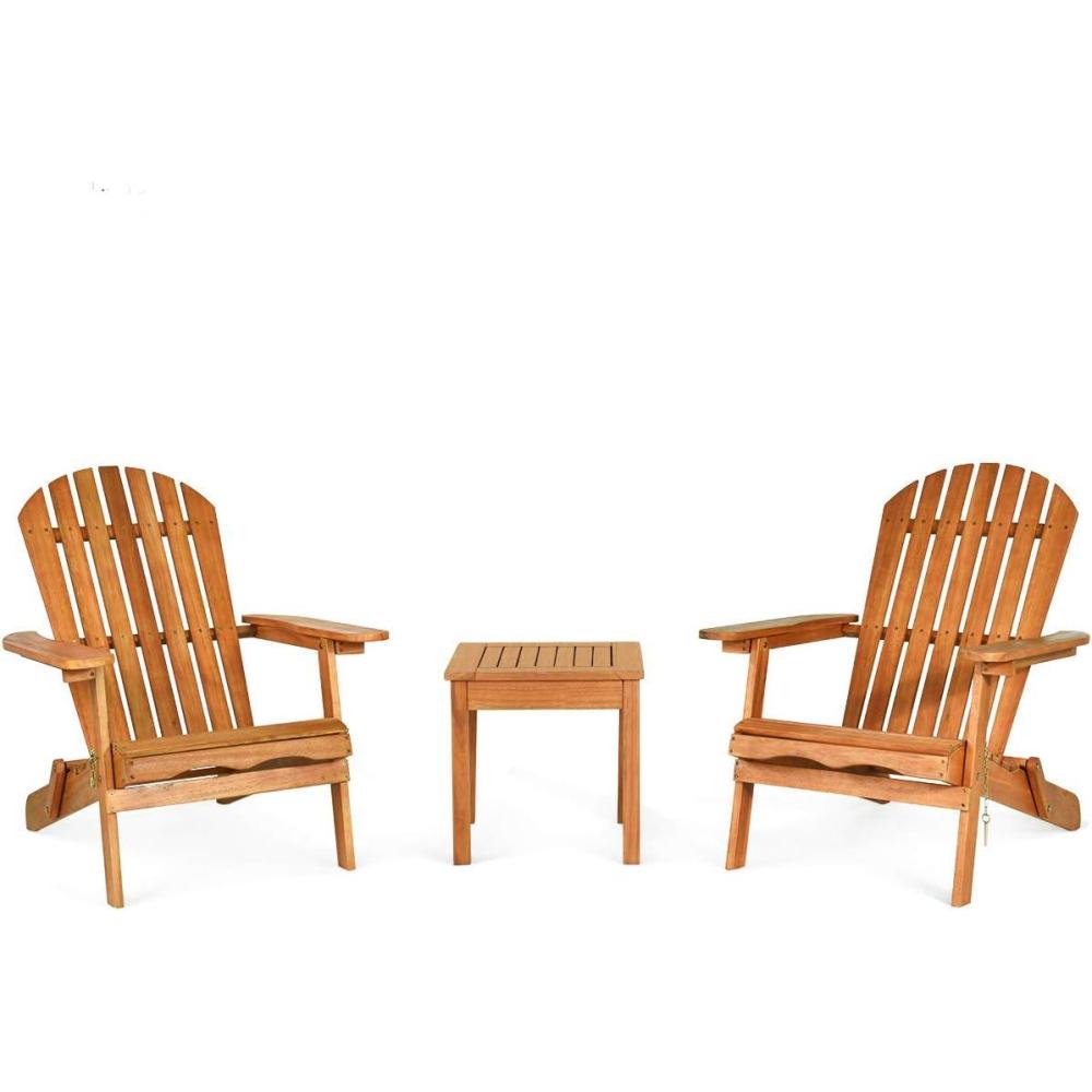 image:imageGiantex Adirondack Chair Set 3Piece Foldable Wooden Chairs Set WWidened Armrest Eucalyptus Frame and Side Table Outdoor amp Indoor Table Set for Patio Poolside Garden Set of 3 Wooden Lounger Chair