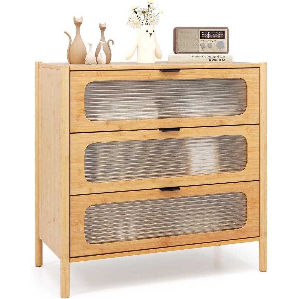 image:imageGiantex Bamboo 3Drawer Storage Cabinet Modern Nightstand with Reeded Tempered Glass Front AntiTipping Kit NonSlip Foot Pads End Table for Sofa Side Bedside Living Room Entryway Hallway