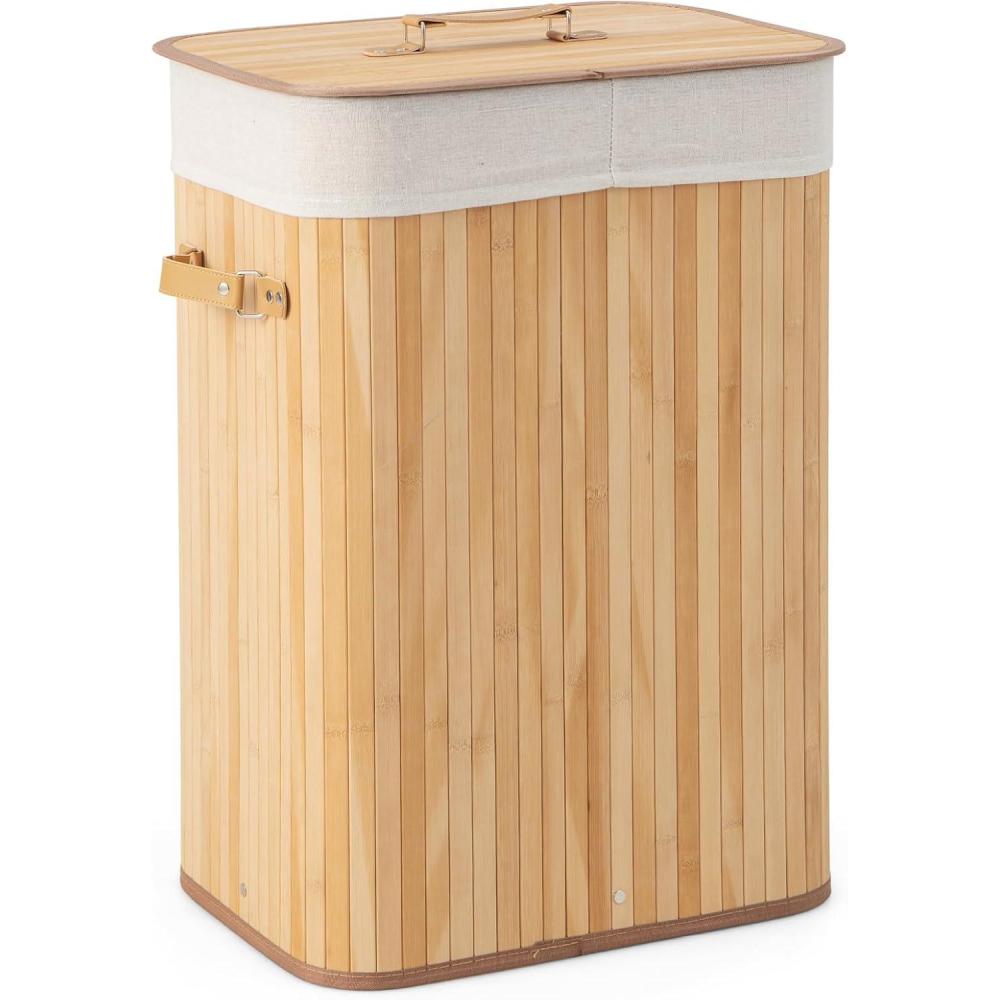 image:imageGiantex Bamboo Laundry Hamper with Lid 72L Large amp Tall Clothes Hamper with Removable Liner amp Handles Rectangular Laundry Basket for Small Spaces Laundry Room Bedroom BrownNatural