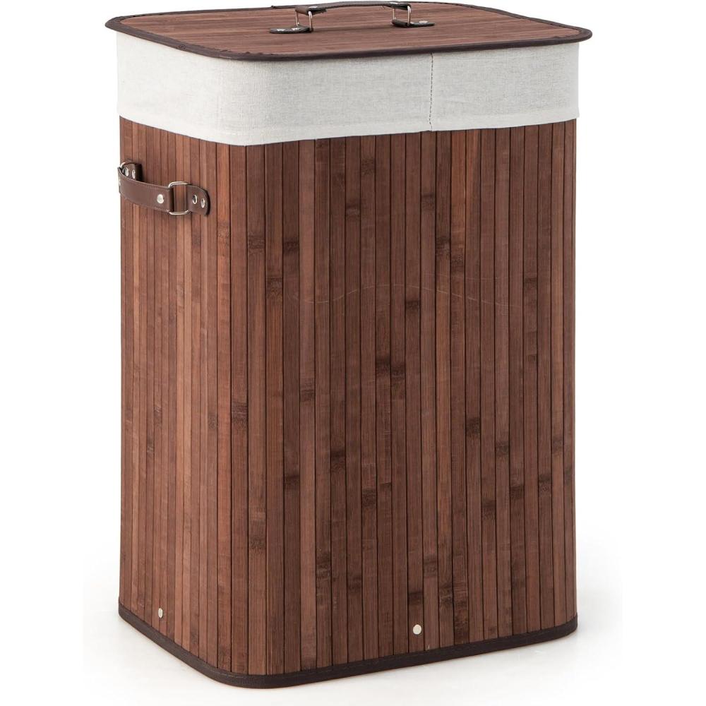 image:imageGiantex Bamboo Laundry Hamper with Lid 72L Large amp Tall Clothes Hamper with Removable Liner amp Handles Rectangular Laundry Basket for Small Spaces Laundry Room Bedroom BrownBrown