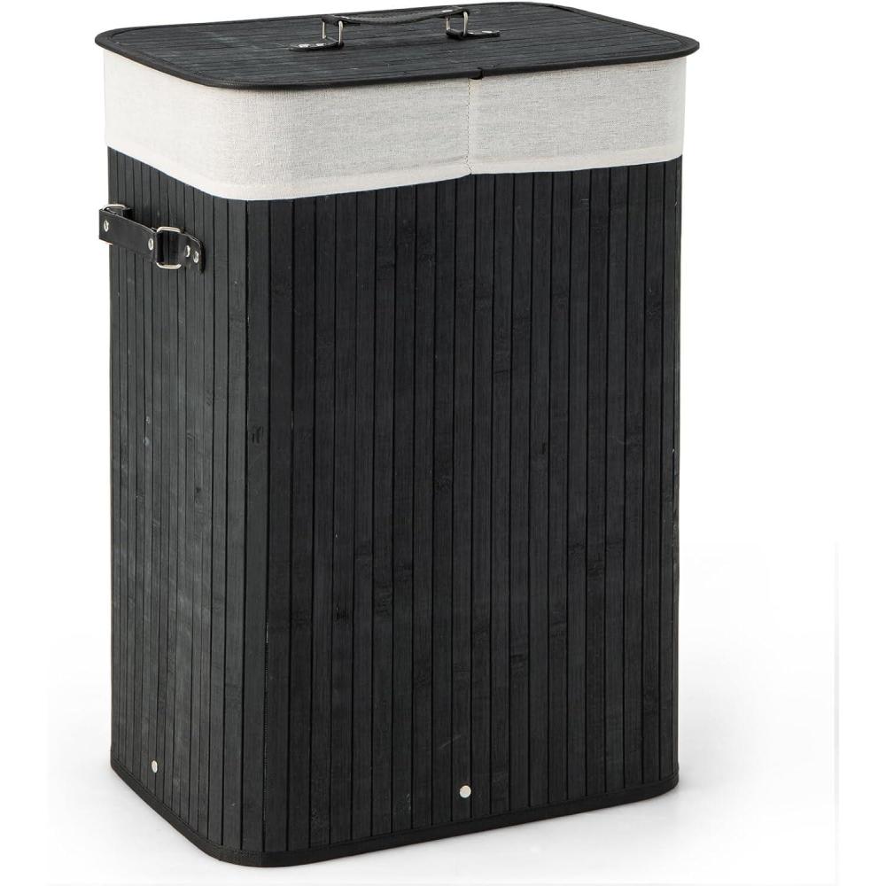 image:imageGiantex Bamboo Laundry Hamper with Lid 72L Large amp Tall Clothes Hamper with Removable Liner amp Handles Rectangular Laundry Basket for Small Spaces Laundry Room Bedroom BrownBlack
