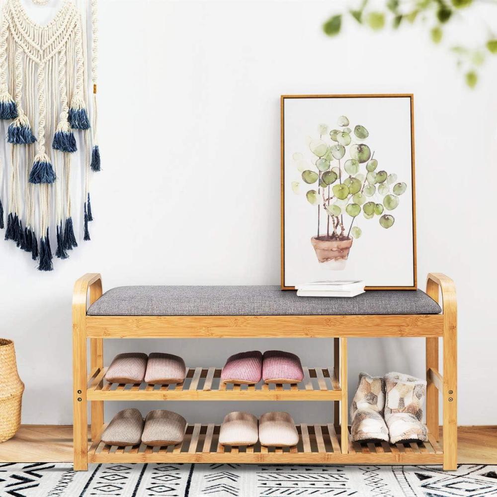 image:imageGiantex Bamboo Shoe Bench3Tier Entryway Bench with CushionMax Load 330 LBS Modern Stool Storage Shelf for Bedroom Living Room Hallway Natural and GreyNatural and Grey