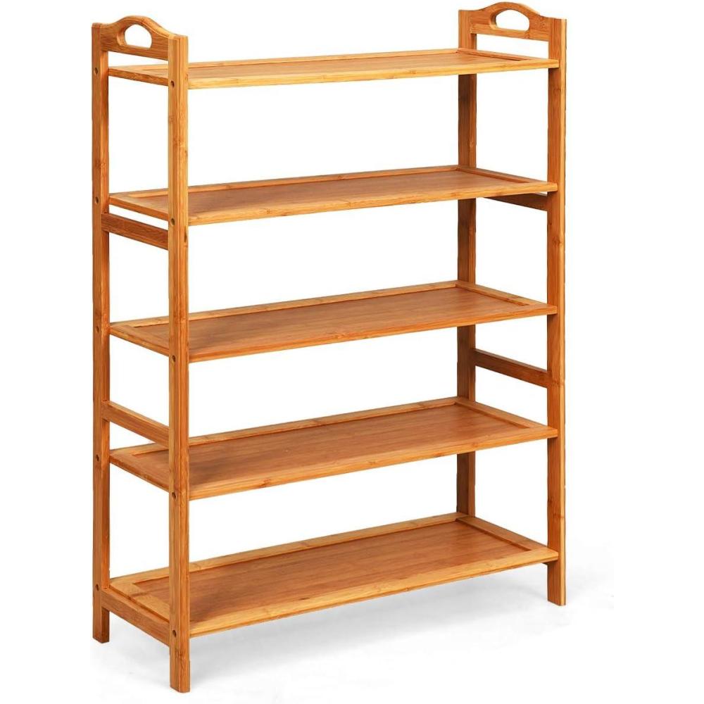 image:imageGiantex Bamboo Shoe Rack 5 Tier Freestanding Shoe Rack with Two Rounded Handle for 15 Pairs Entryway Standing Shoe Storage Organizer for Kitchen Living Room Entryway 5Tier5Tier